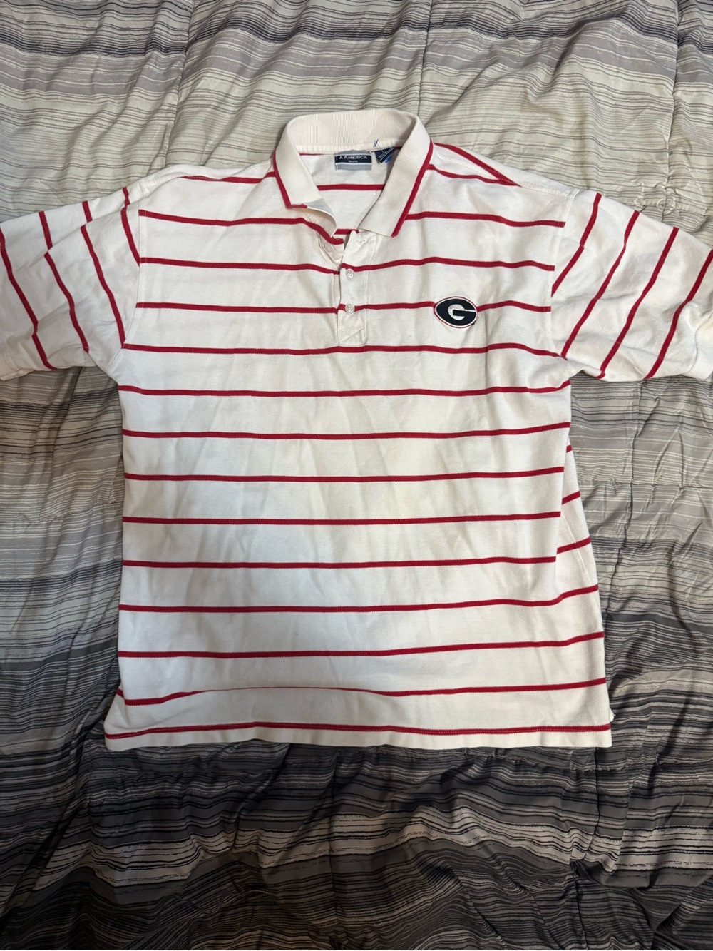 White & Red Striped Polo Shirt with Chest G Patch